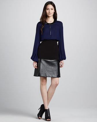 L'Agence Leather-Trim Silk Blouse